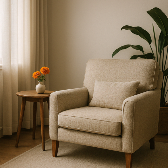 Neutral beige armchair beside a wooden side table holding bright marigold flowers, bathed in soft natural light—inviting hero image for Marigold Psychology Center, Orange County therapist specializing in maternal mental health and culturally attuned care.